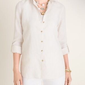 Chico’s 100% Linen Cream White Striped NO-IRON  Roll-Tab Sleeve Coastal blouse